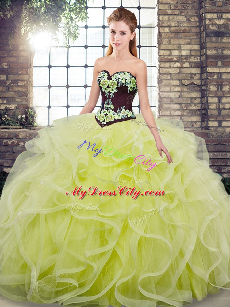 Yellow Green Sleeveless Tulle Sweep Train Lace Up 15th Birthday Dress for Military Ball and Sweet 16 and Quinceanera