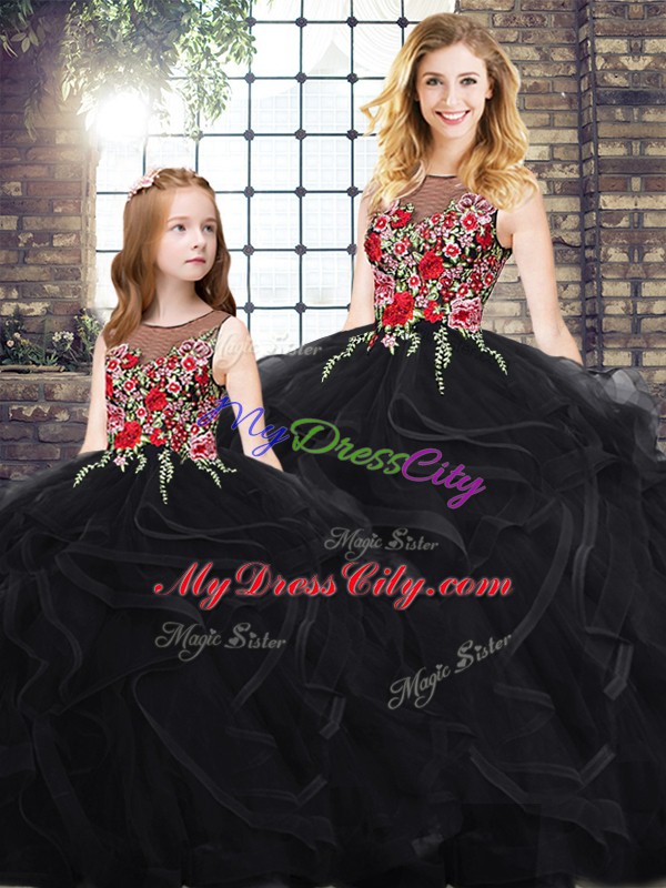 Black Ball Gowns Scoop Sleeveless Embroidery and Ruffles Floor Length Zipper Quinceanera Dress