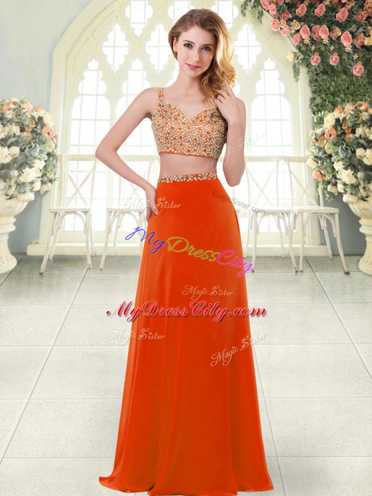 Rust Red Two Pieces Chiffon Straps Sleeveless Beading Floor Length Zipper Going Out Dresses