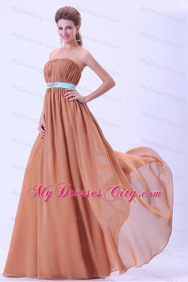 Rust Red Floor-length Ruching Chiffon Dresses For Bridesmaid with Blue Belt