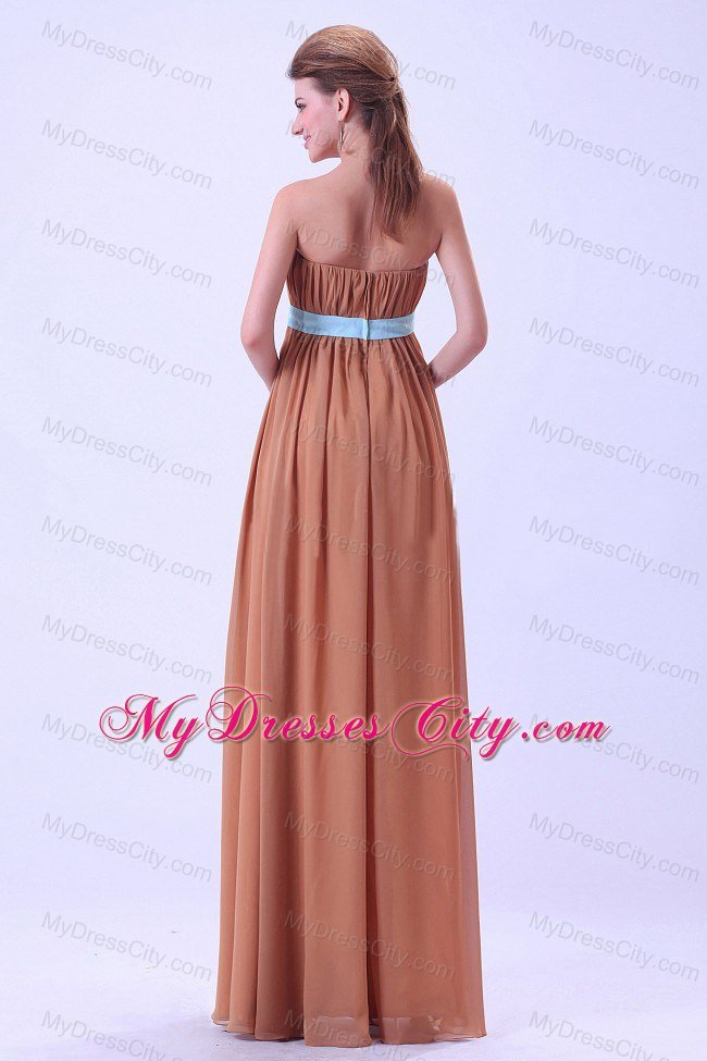 Rust Red Floor-length Ruching Chiffon Dresses For Bridesmaid with Blue Belt