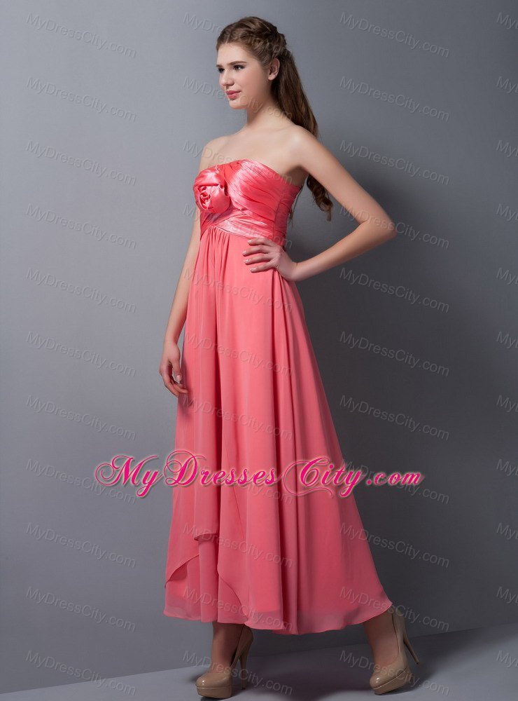 Watermelon Red Ankle-length Empire Ruching Bridesmaid Dress with Flower