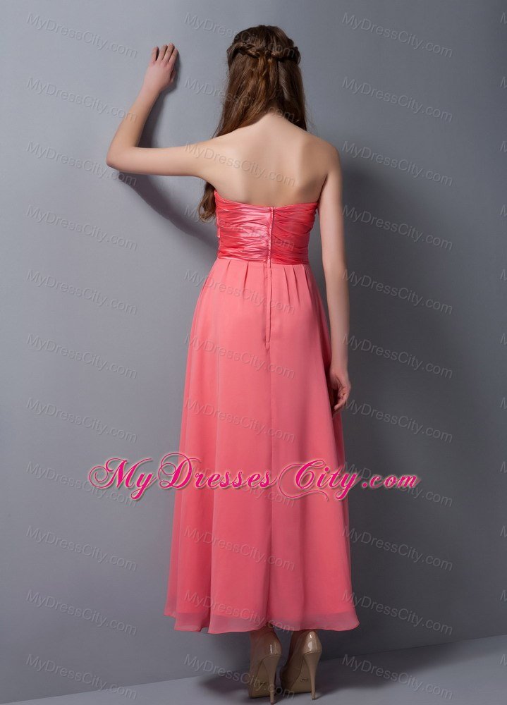 Watermelon Red Ankle-length Empire Ruching Bridesmaid Dress with Flower