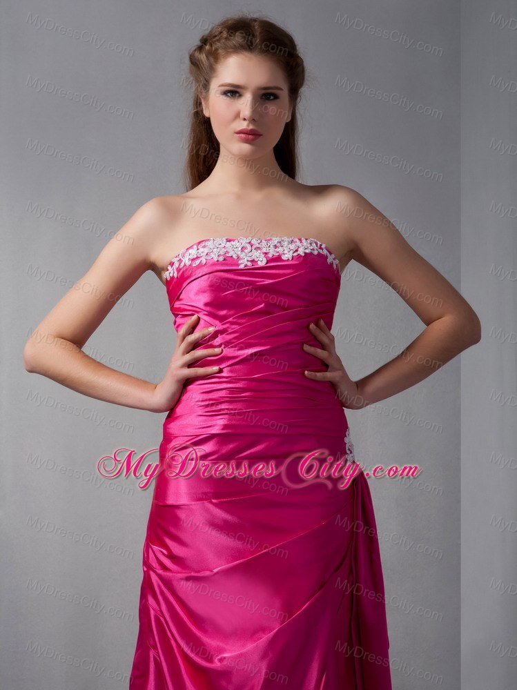Strapless Hot Pink Column Ruching Maid of Honor Dress with Appliques