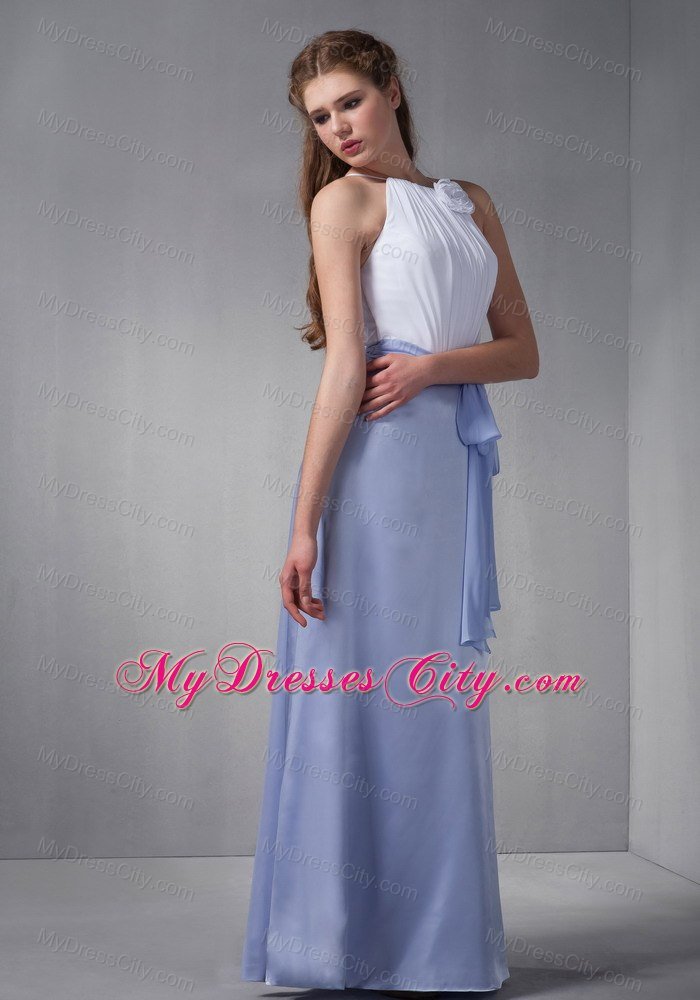 Lilac and White Column Bateau Floor-length Bridesmaid Dress with Sash