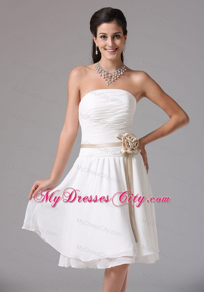 Knee-length Ruched White Bridesmaid Dress with Flower Sash
