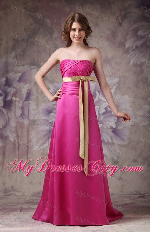 Long Ruched Hot Pink Bridesmaid Dress with Champagne Sash