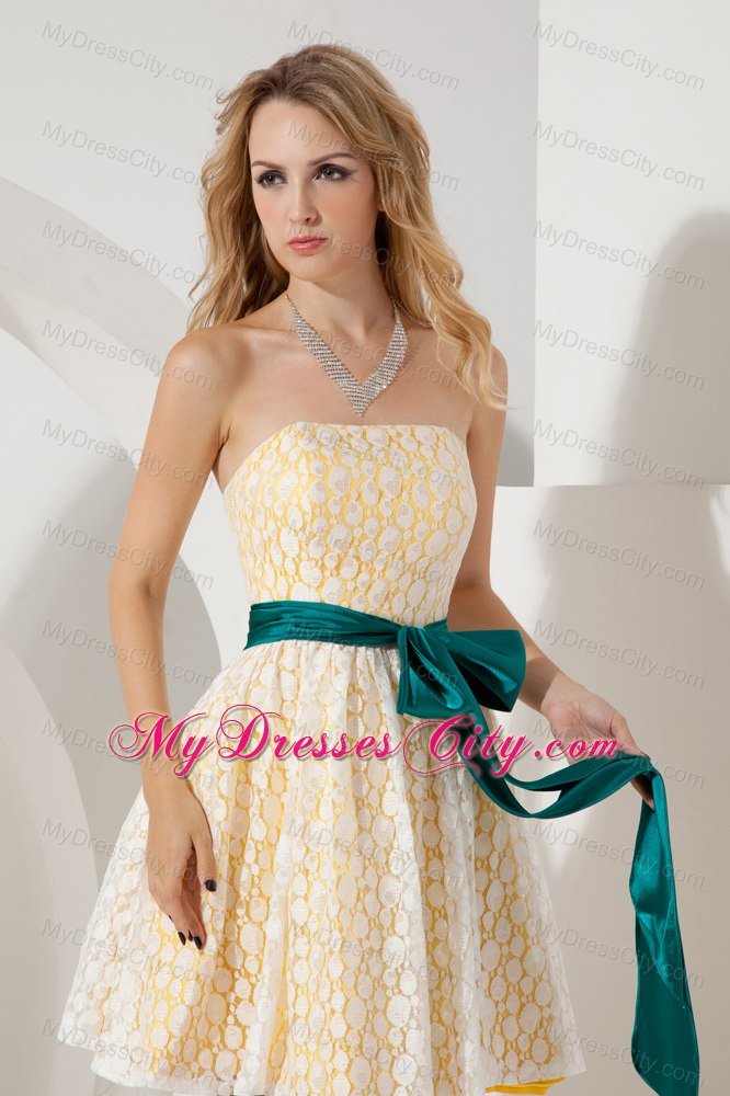 Yellow Mini-length Dress for Bridesmaid with Green Sash