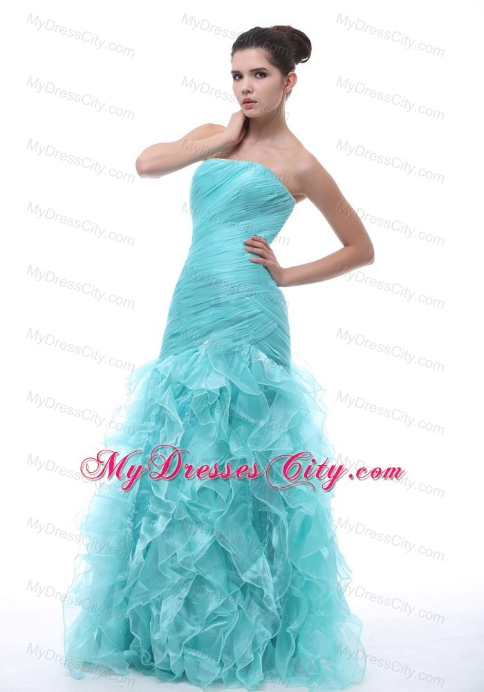 Ruched Mermaid Floor-length Blue Prom Dress with Ruffles