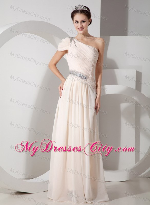 Champagne Cap One Shoulder Pleated Beading Prom Dress