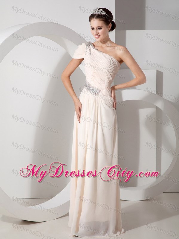 Champagne Cap One Shoulder Pleated Beading Prom Dress
