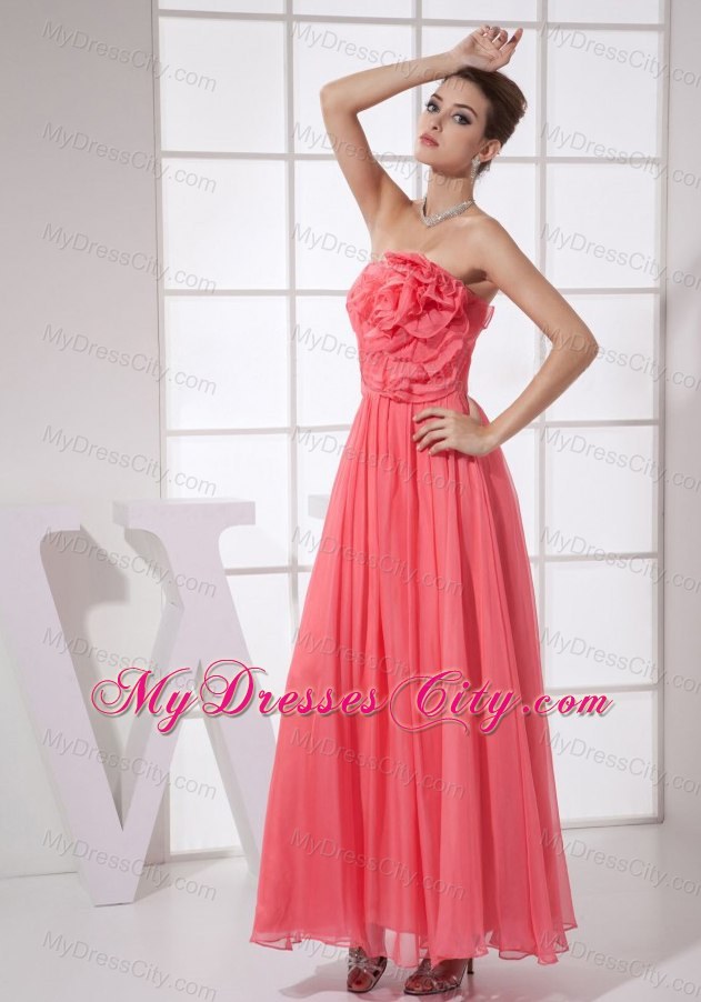 Hand Made Flower Coral Red Ankle-length Prom Dress