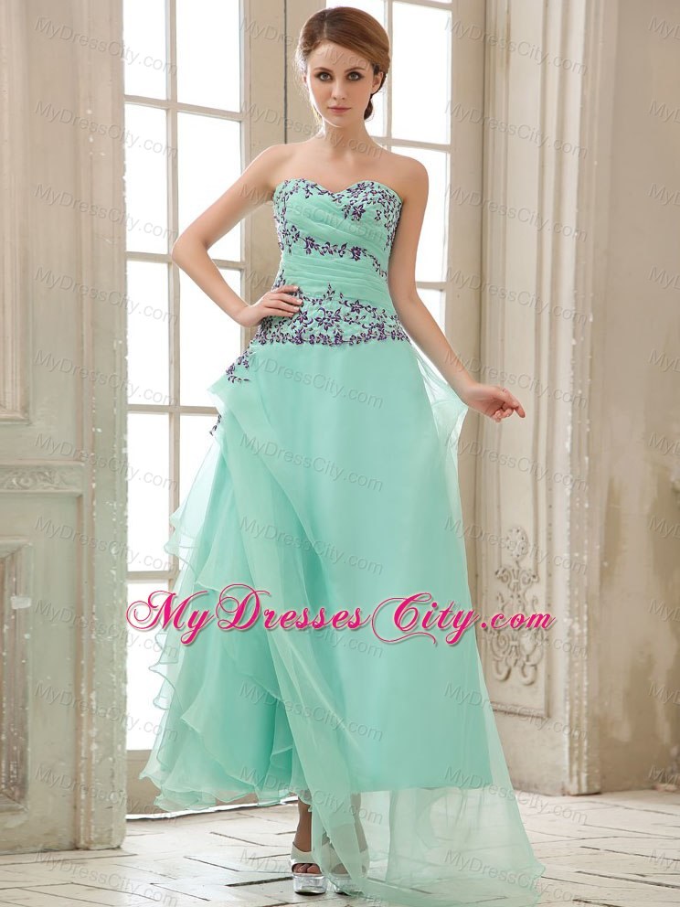 Green Ruched Ankle-length Prom Dress with Appliuqes