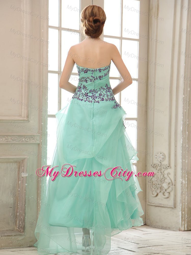 Green Ruched Ankle-length Prom Dress with Appliuqes