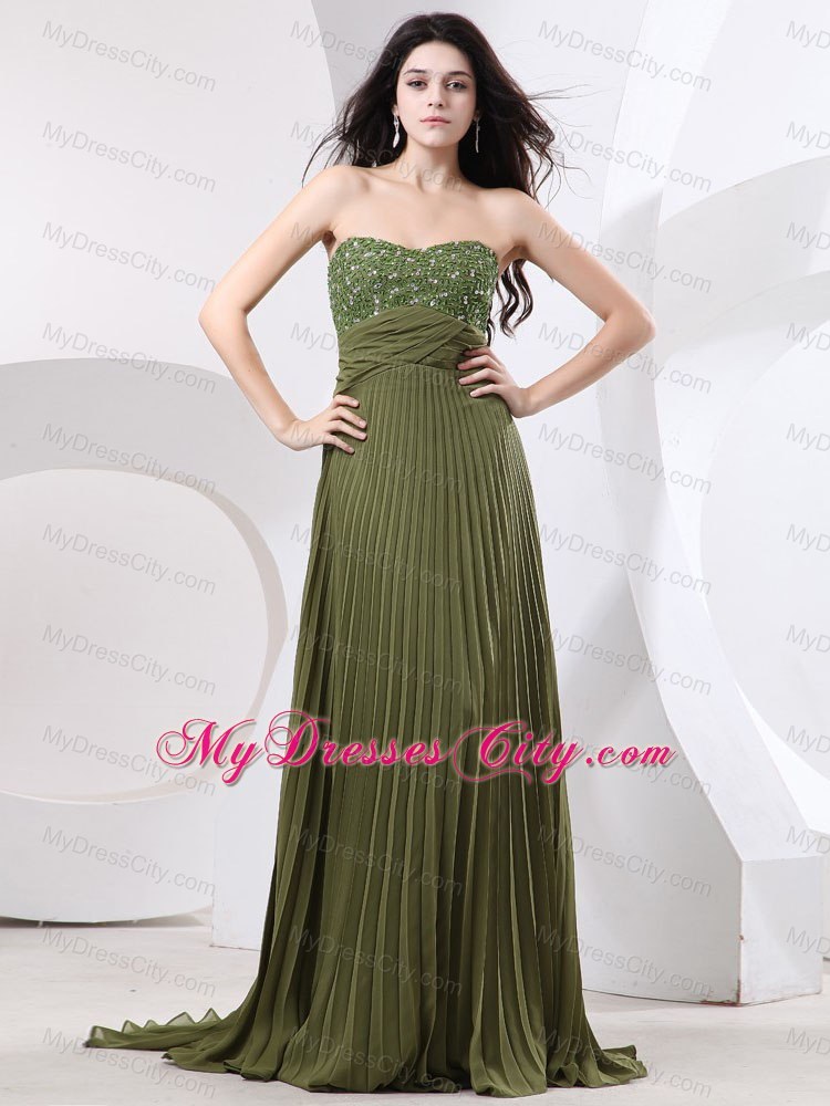 Olive Green Beaded Pleated Prom Dress With Brush Train