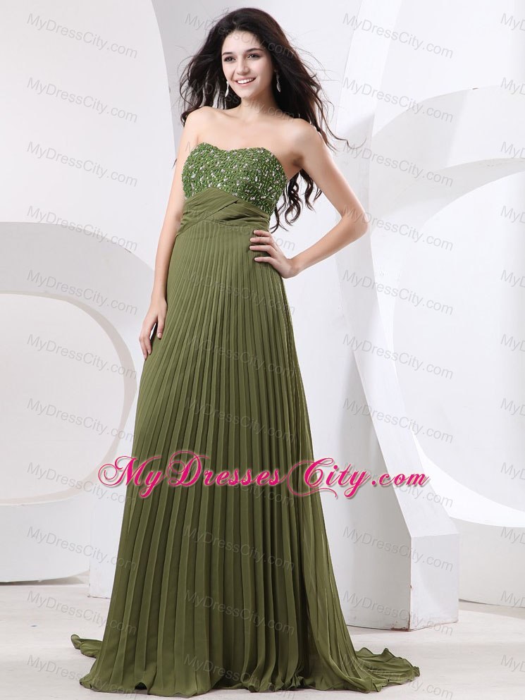 Olive Green Beaded Pleated Prom Dress With Brush Train