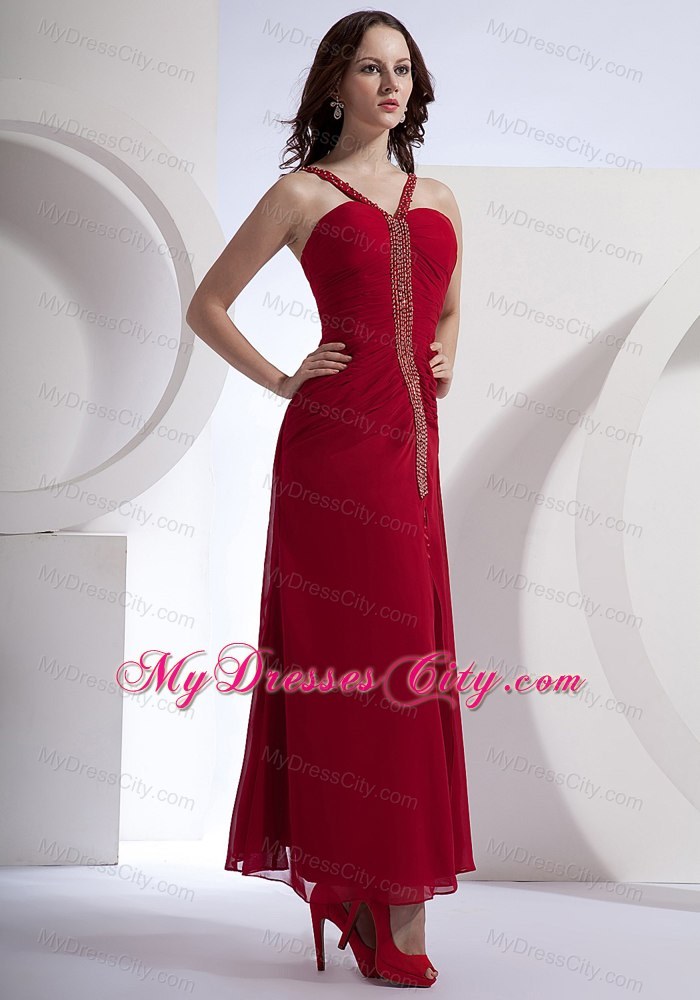 Red Beading Prom Dress Side Slit Ankle-length Wholesale