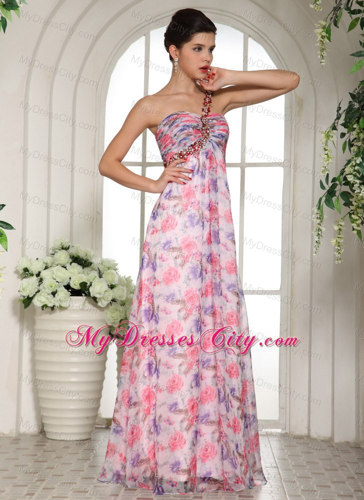 One Shoulder Beaded 2013 Printing Prom Dress for Girls