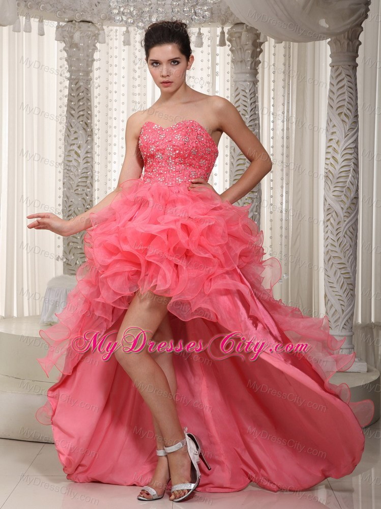Watermelon A-line Sweetheart High-low Beading Prom Dress