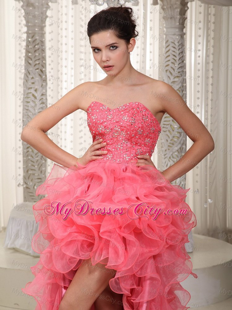 Watermelon A-line Sweetheart High-low Beading Prom Dress