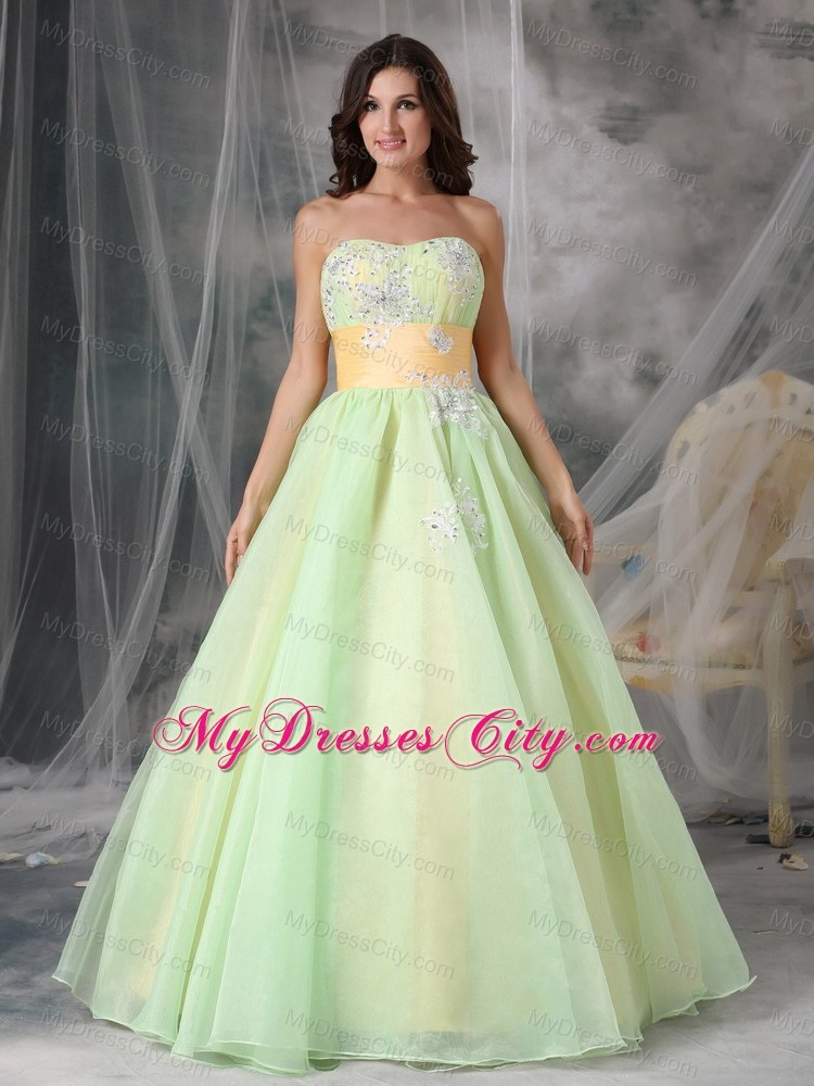 Yellow Green Organza Appliques A-line Prom Dress with Sash