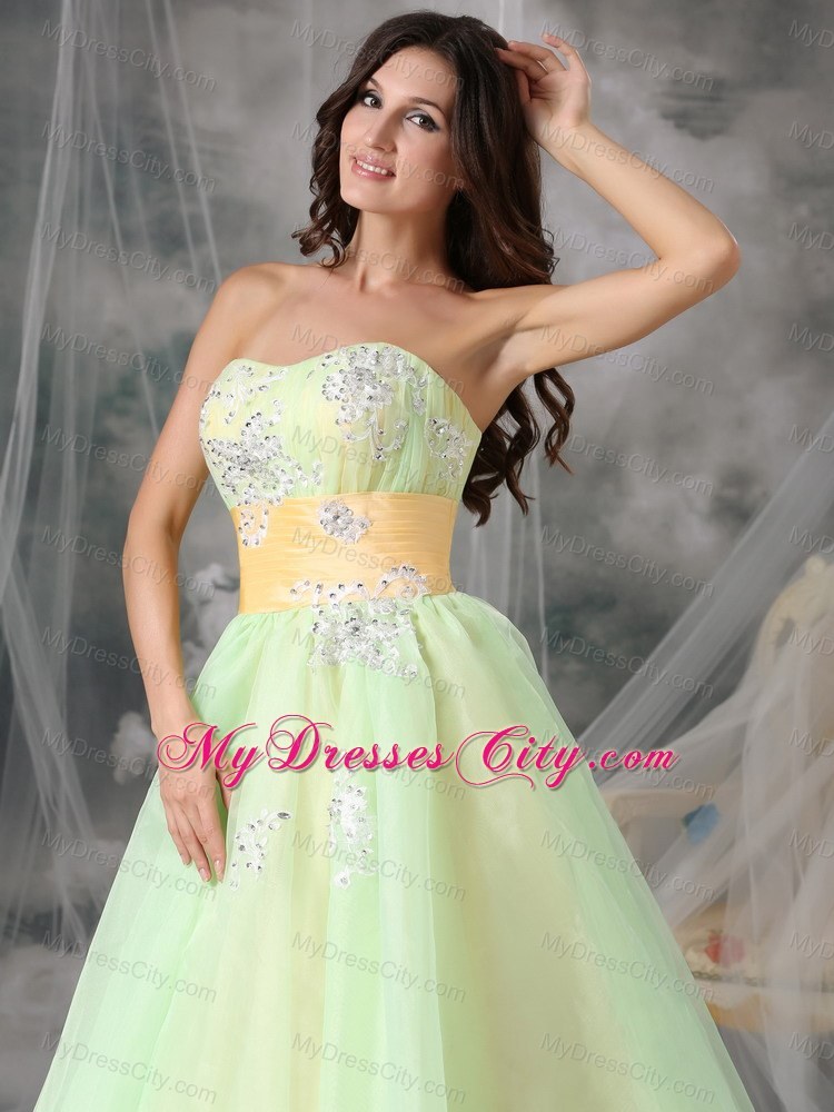 Yellow Green Organza Appliques A-line Prom Dress with Sash