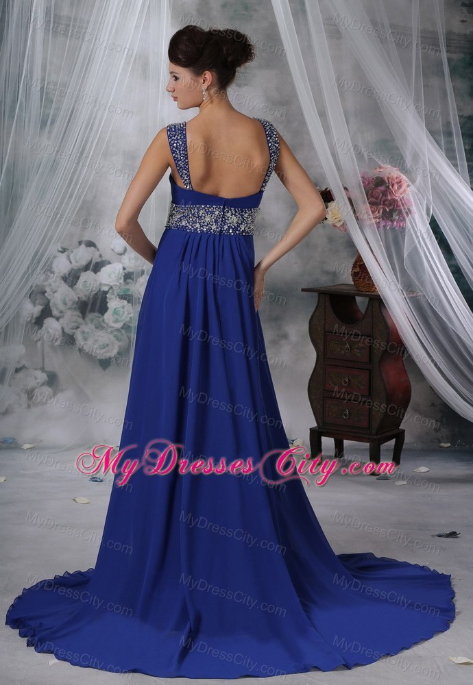 Straps Beaded Chiffon Brush Train Royal Blue Prom Dress