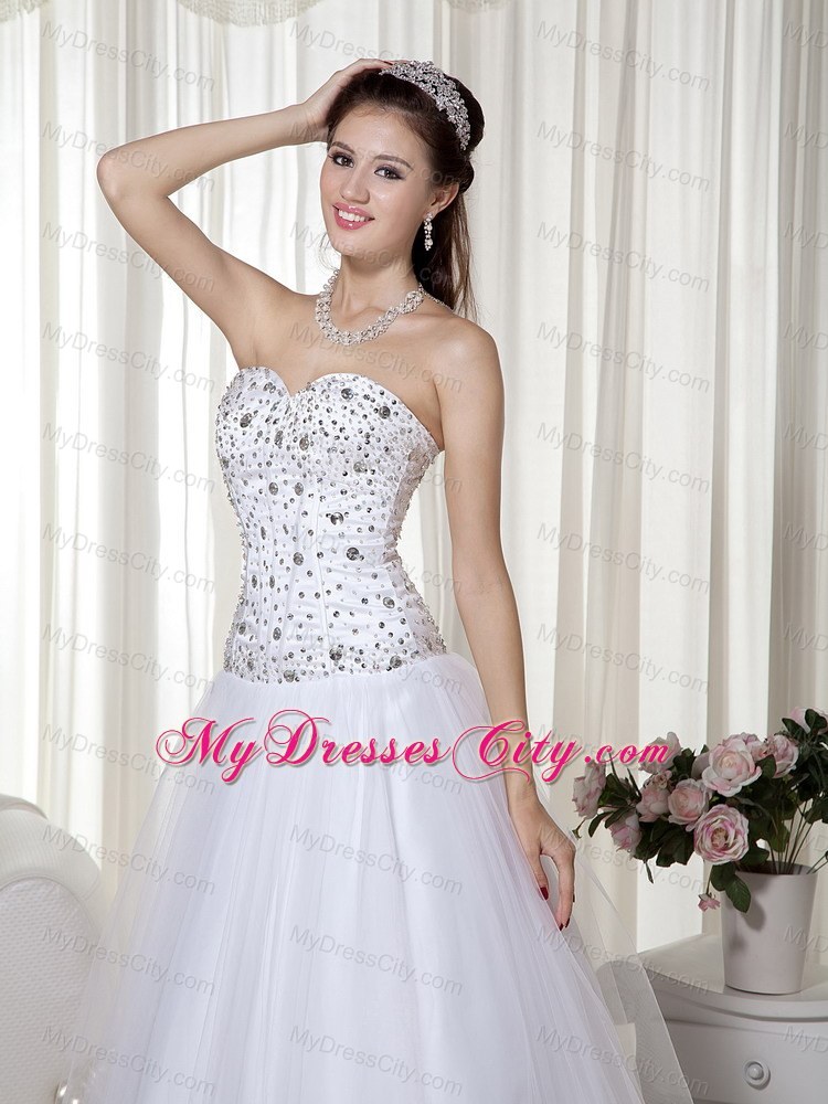 White A-line Sweetheart Taffeta and Tulle Beaded Prom Dress