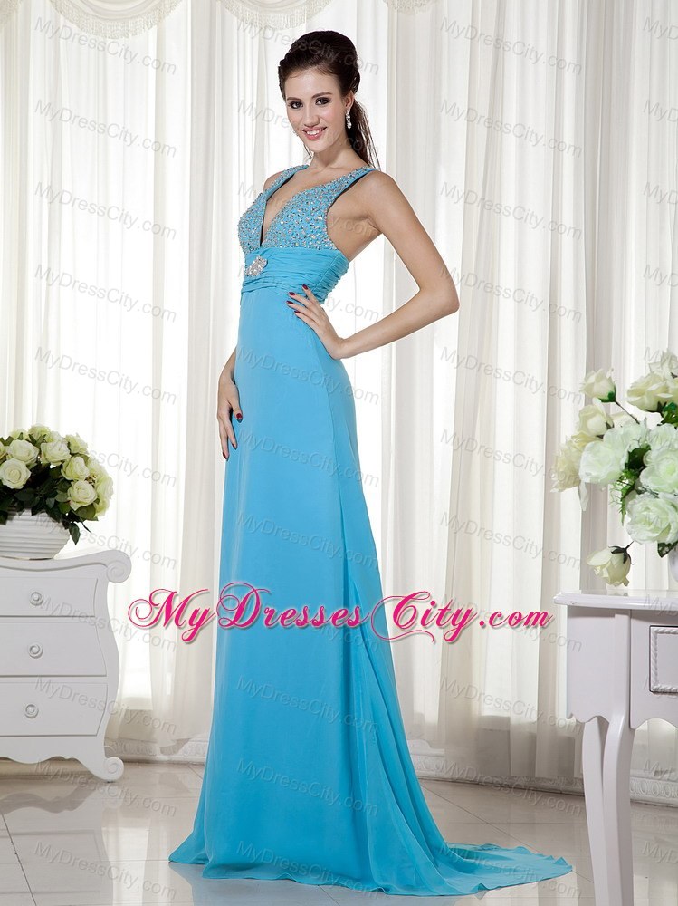 V-neck Baby Blue Brush Train Chiffon Prom Dress Beaded 2013