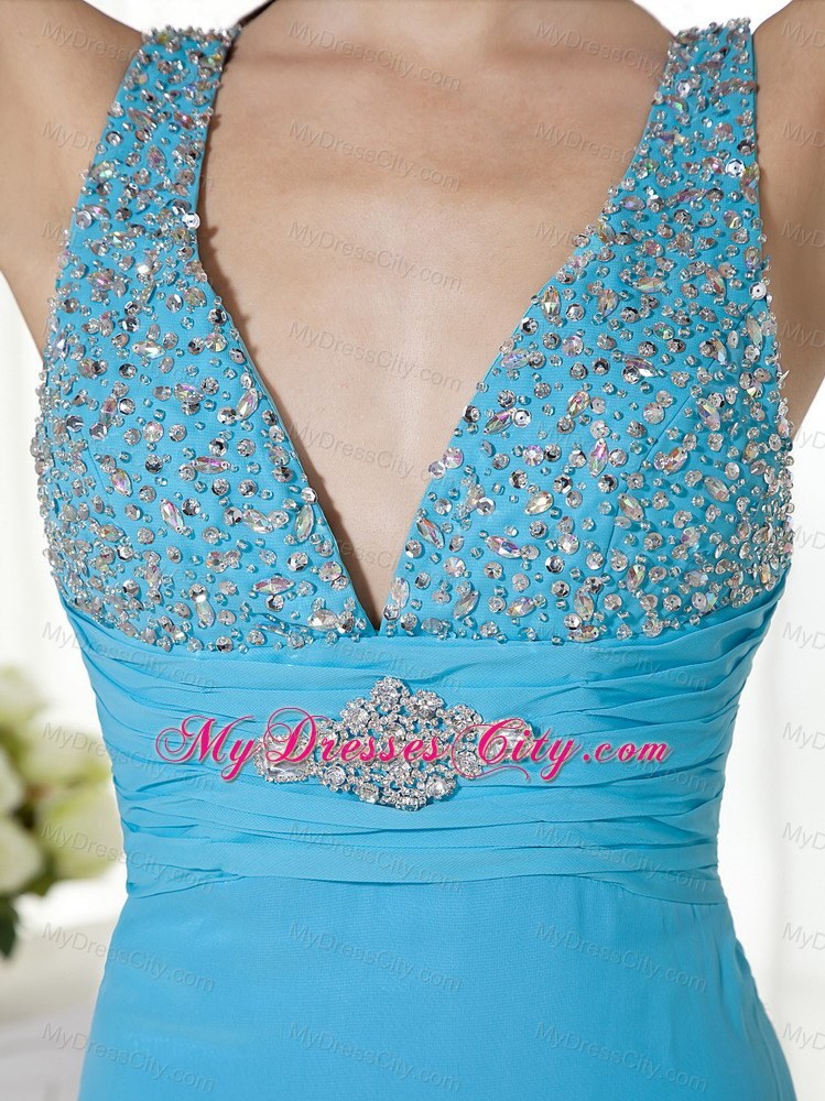 V-neck Baby Blue Brush Train Chiffon Prom Dress Beaded 2013