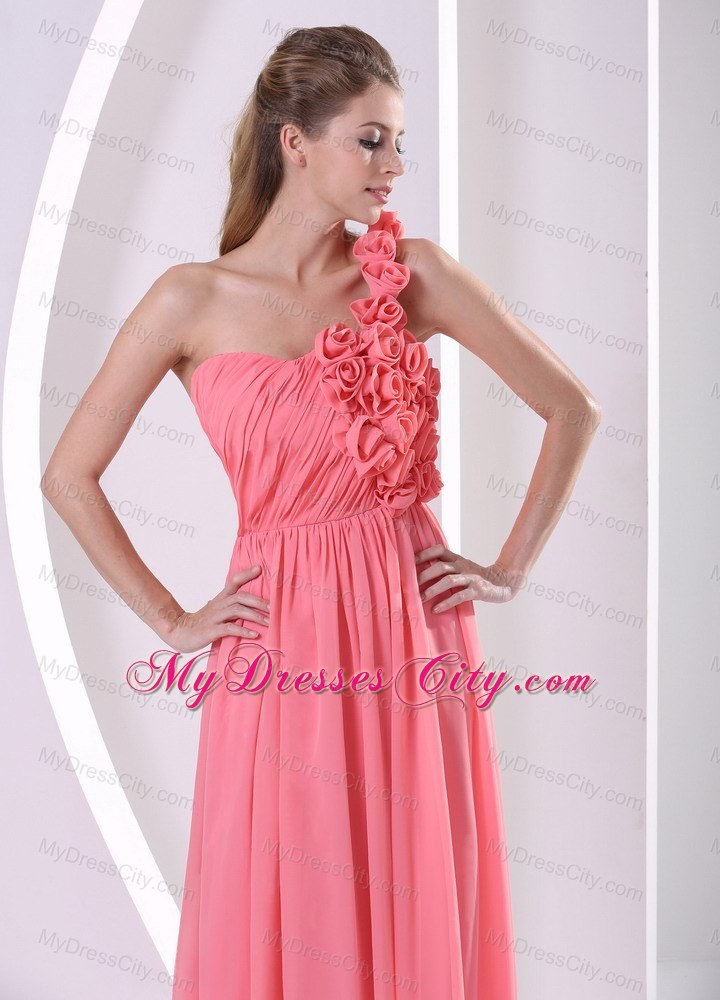 One Shoulder Watermelon Hand Made Flowers Prom Dress