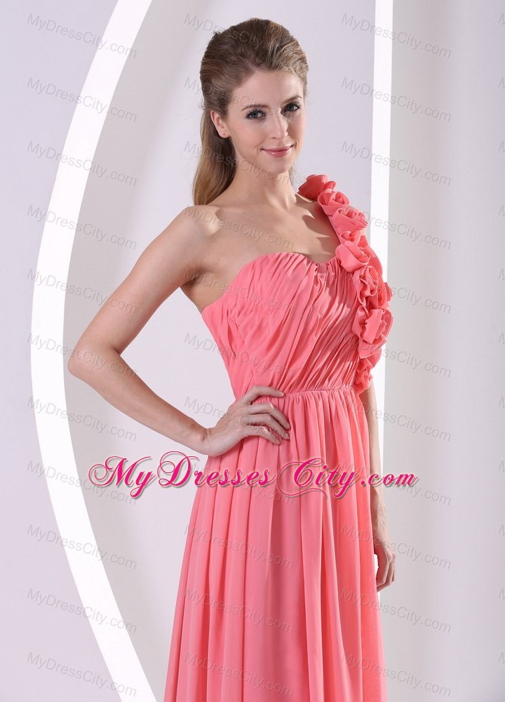 One Shoulder Watermelon Hand Made Flowers Prom Dress