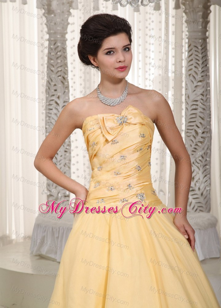 Yellow Strapless Tulle Taffeta Bowknot Beaded Prom Dress