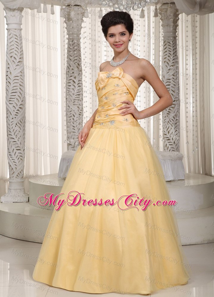 Yellow Strapless Tulle Taffeta Bowknot Beaded Prom Dress