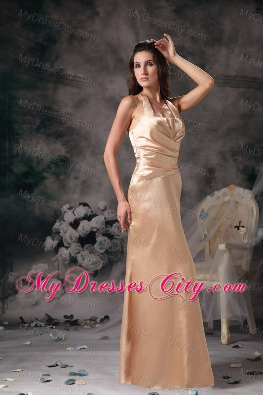 Halter Champagne Column Satin Prom Gown Dress Ruched 2013