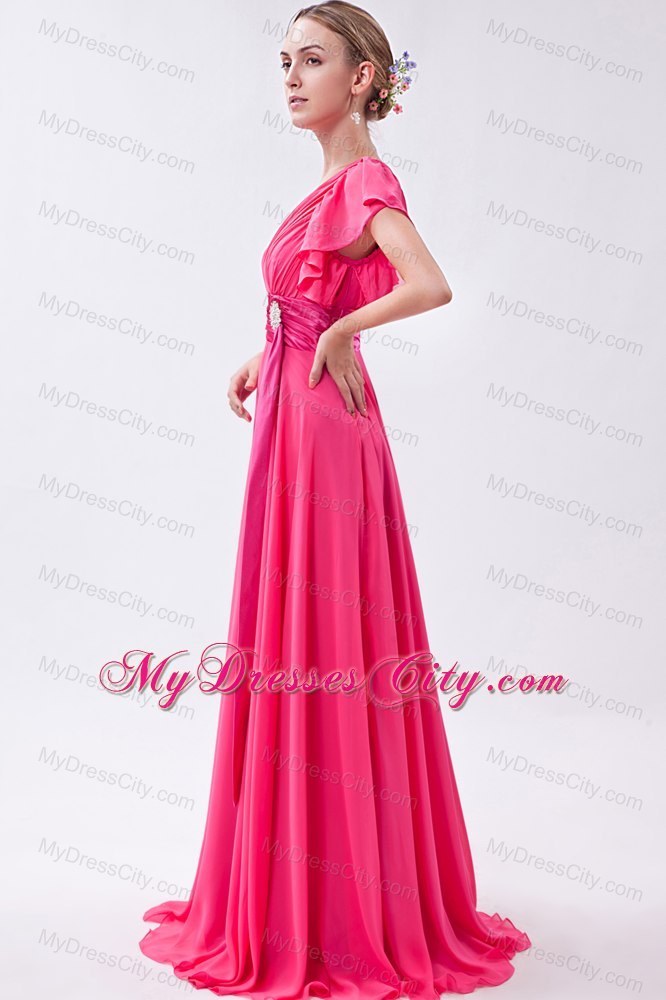 V-neck Prom Dress Hot Pink Chiffon Ruched Butterfly Sleeves