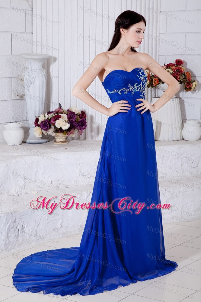 Royal Blue Chiffon Brush Train Prom Dress with Embroidery
