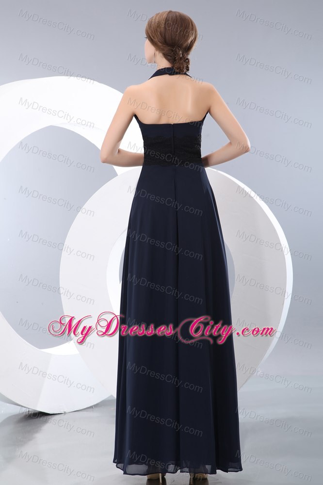 Halter Navy Blue Chiffon Empire Prom Dress with Lace Sash