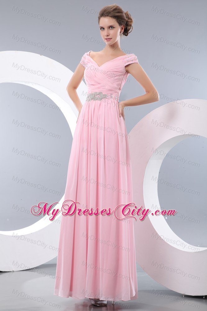 V-neck Baby Pink Cap Sleeves Prom Dress Chiffon Beaded 2013
