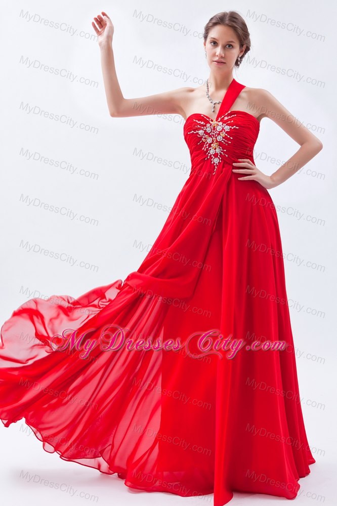 One Shoulder Chiffon Red Empire Layers Beaded Dress for prom