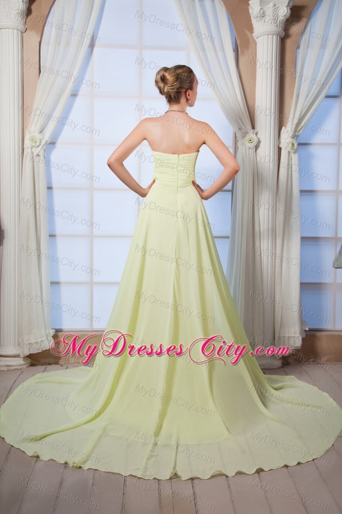 Yellow Green Sweetheart Chiffon Brush Train Prom Dress Beaded