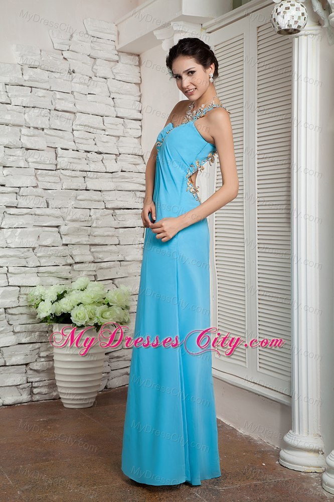 High Slit Chiffon Appliques One Shoulder Aqua Blue Prom Dress