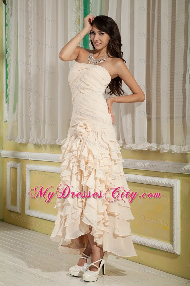 Champagne Strapless Ankle-length Chiffon Ruffles Prom Dress 2013