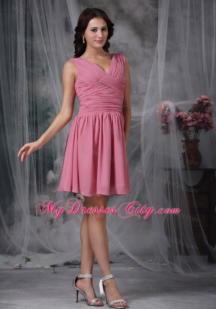 Roes Pink Empire V-neck Mini-length Ruched Bridesmaid Dress