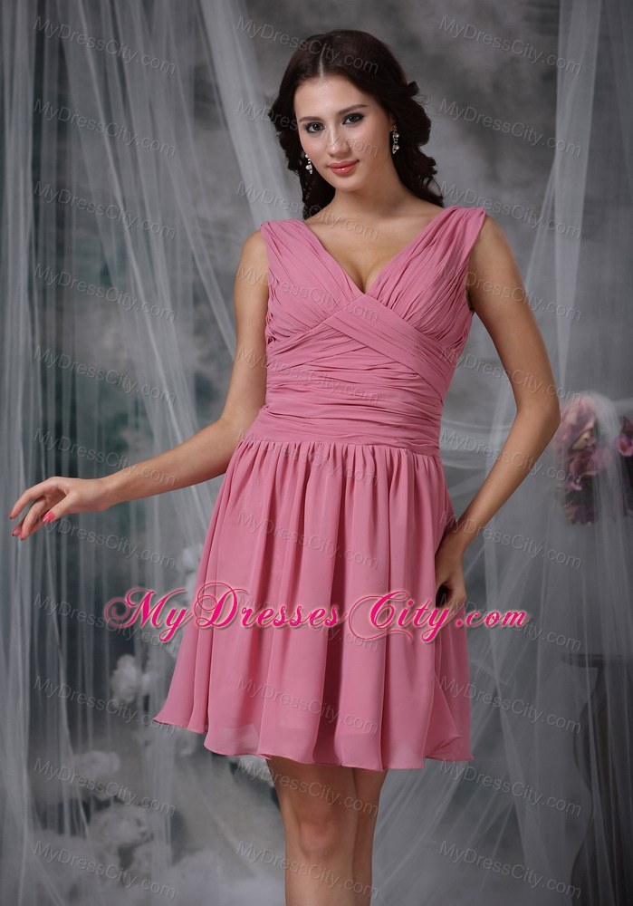 Roes Pink Empire V-neck Mini-length Ruched Bridesmaid Dress