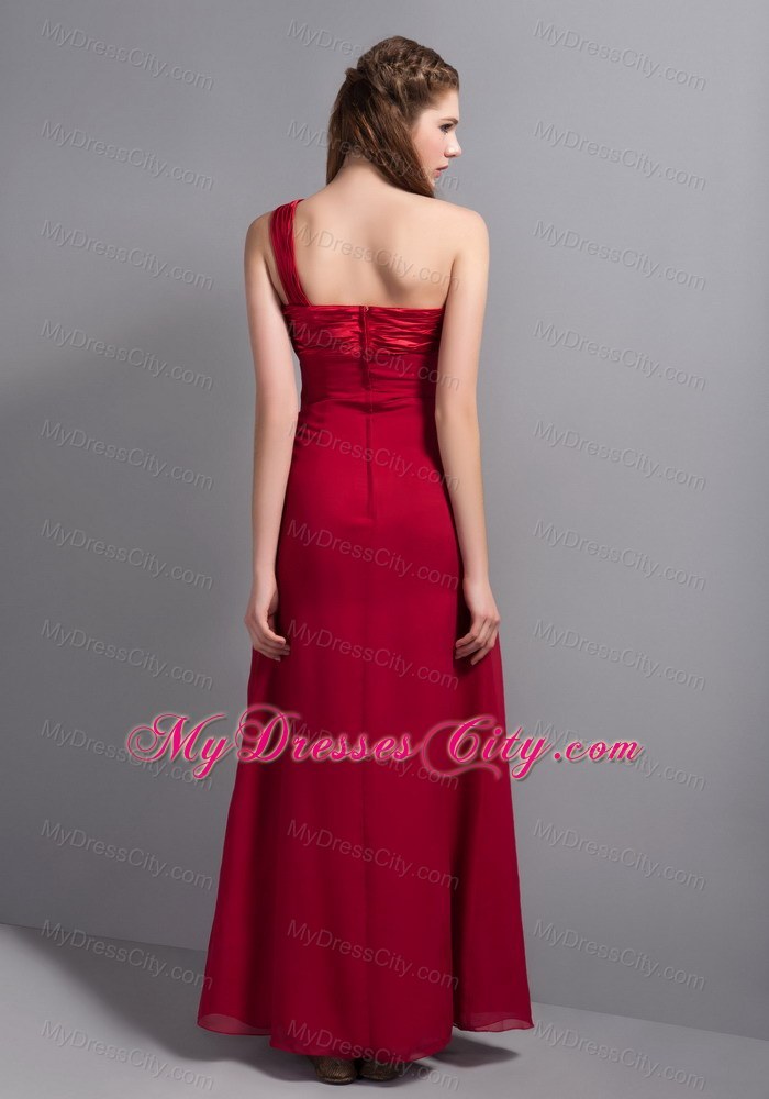 Customized Wine Red One Shoulder Floor-length Bridesmaid Gown