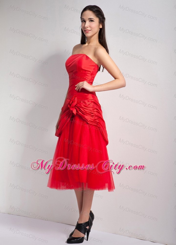 Red Tea-length Strapless Hand Flowers Junior Bridesmaid Dress