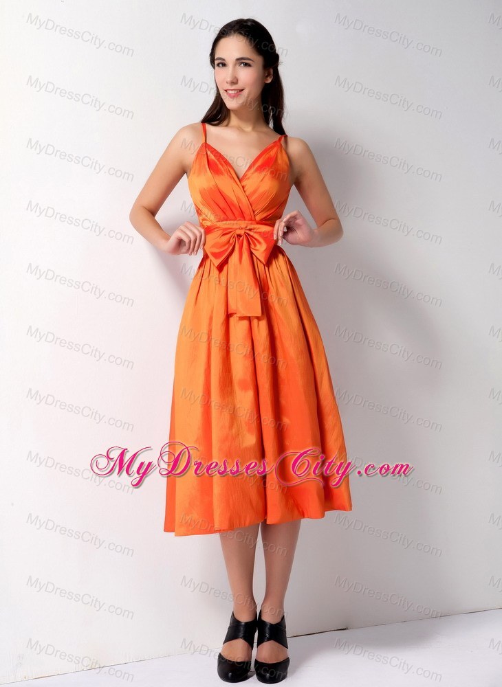 Customized Orange A-line Spaghetti Straps Bow Bridesmaid Gown