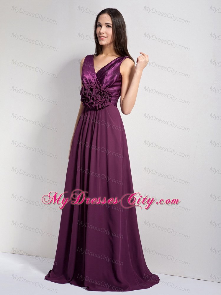 Classical Dark Purple A-line V-neck Brush Train Bridesmaid Gown