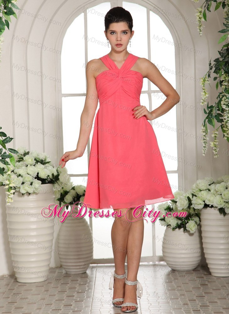 V-neck Watermelon Ruched Decorated Bust 2013 Bridesmaid Dress